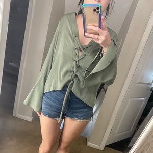 Lulus green lace up top with flared sleeves